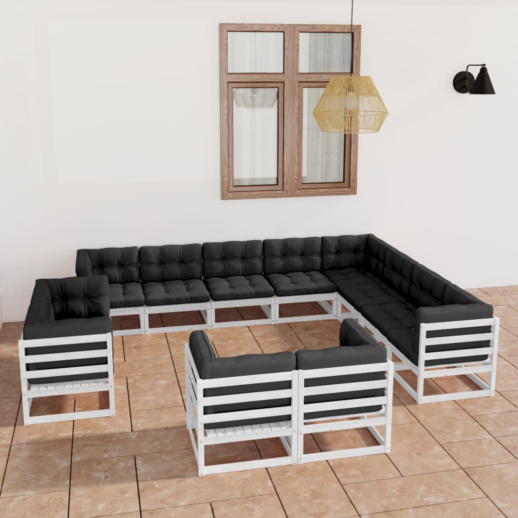12-tlg. Garten-Lounge-Set mit Kissen Weiss Kiefer Massivholz